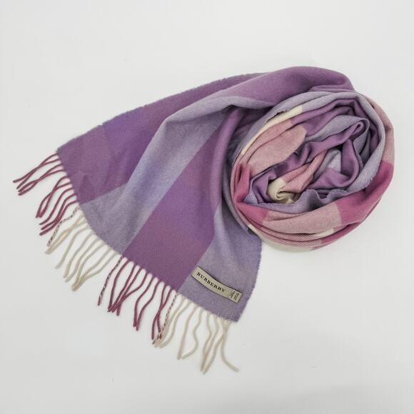 Burberry Scarf Cashmere Authentic Plaid Nova Check Pink Purple White Fringe - Picture 5 of 8